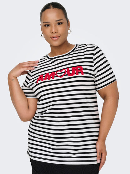 T-shirt marinière grande taille noir et blanc avec message AMOUR en relief
