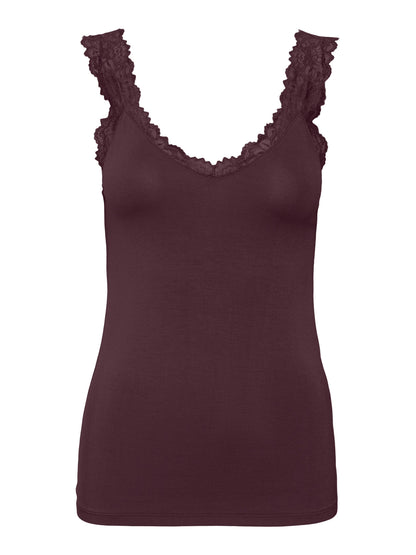 Débardeur bordeaux avec détails en dentelle, vue de face à plat