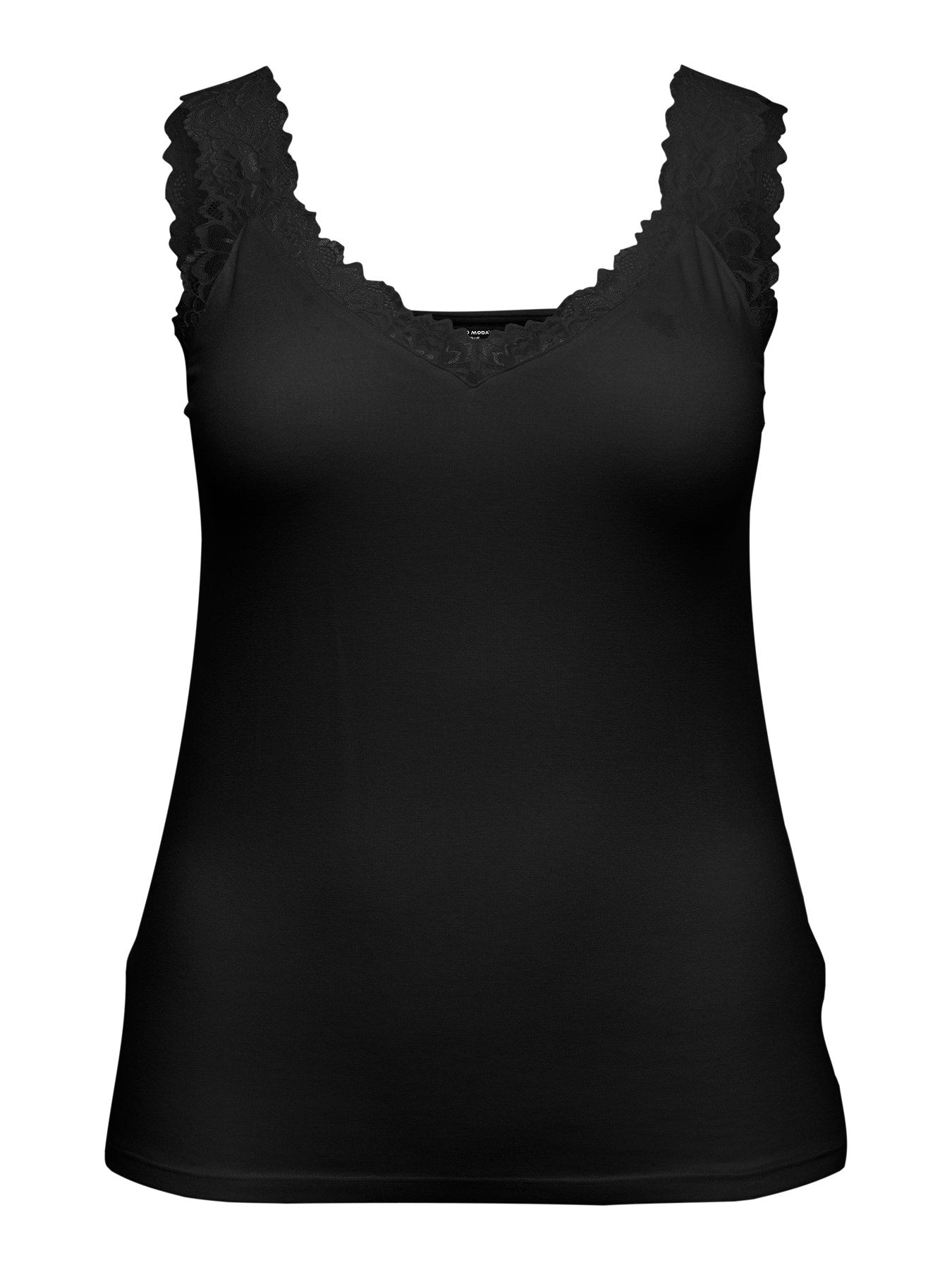 Débardeur noir avec détails en dentelle, vue de face à plat