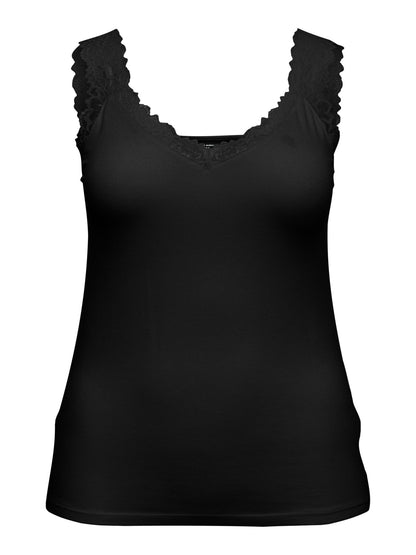 Débardeur noir avec détails en dentelle, vue de face à plat