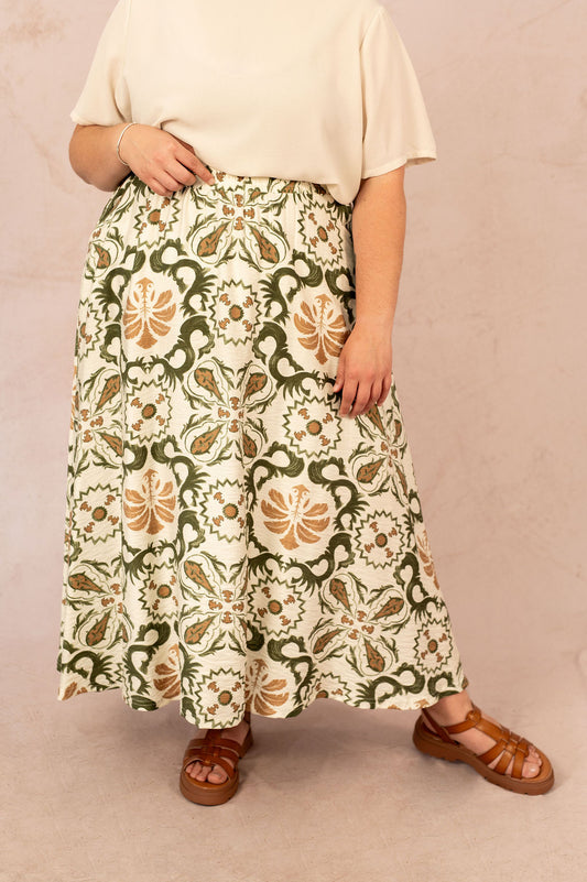 Jupe longue à imprimé - Jupe Christina, détail du tissu et de la taille