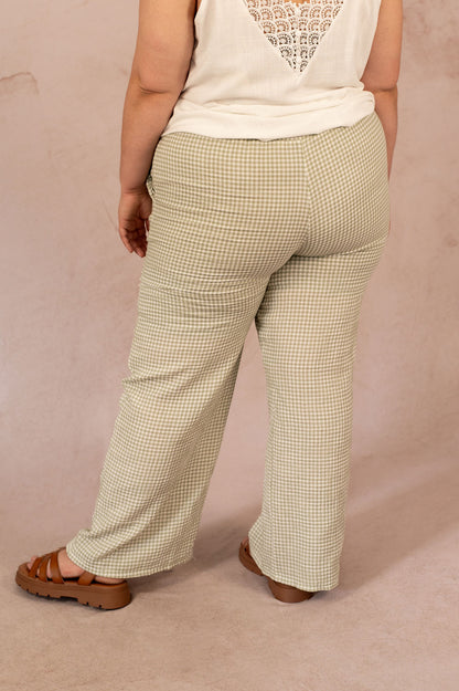 Vue de dos du pantalon fluide vichy kaki – coupe droite et élastique
