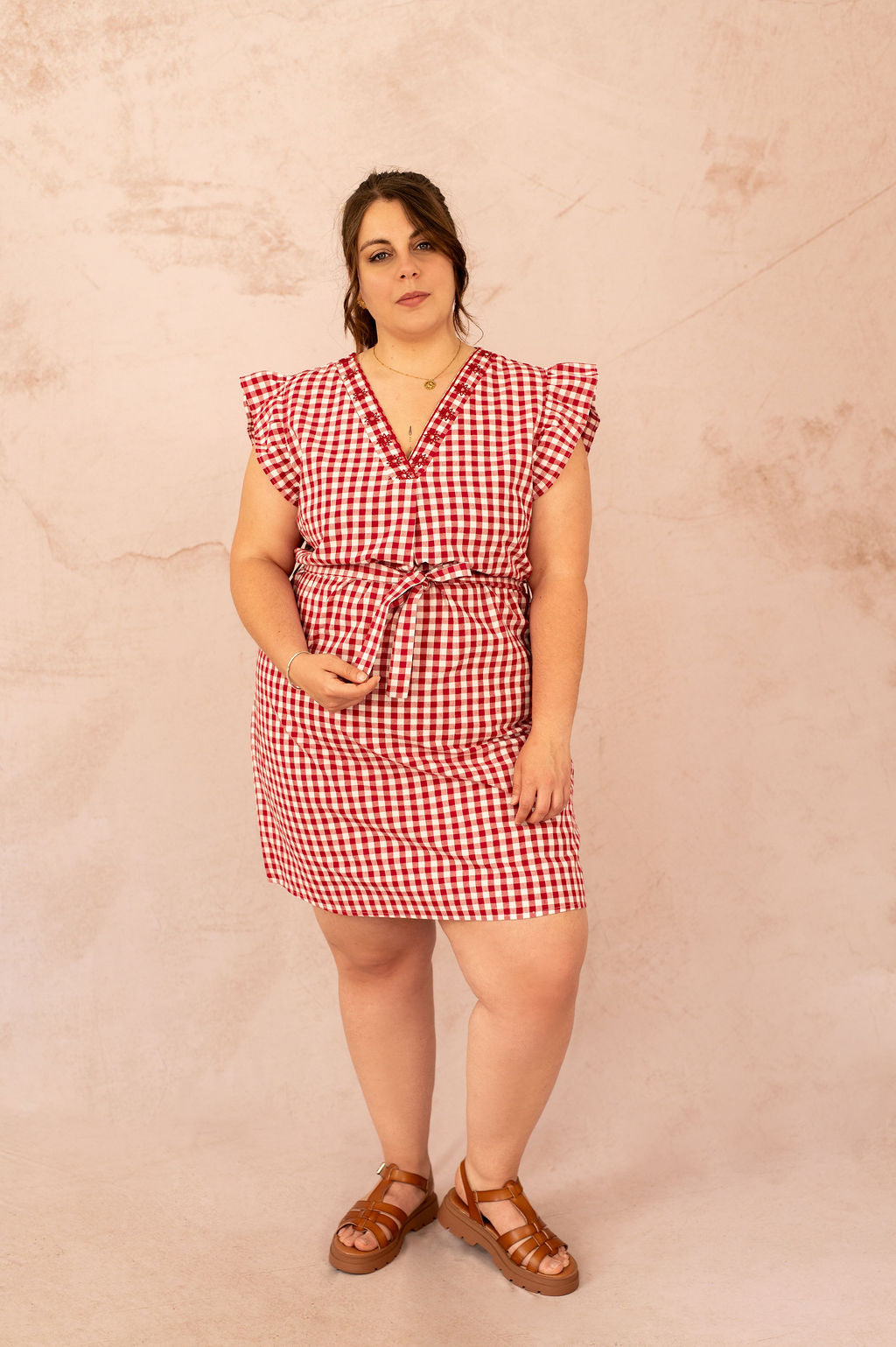 Robe droite à carreaux Vichy grande taille avec ceinture à nouer