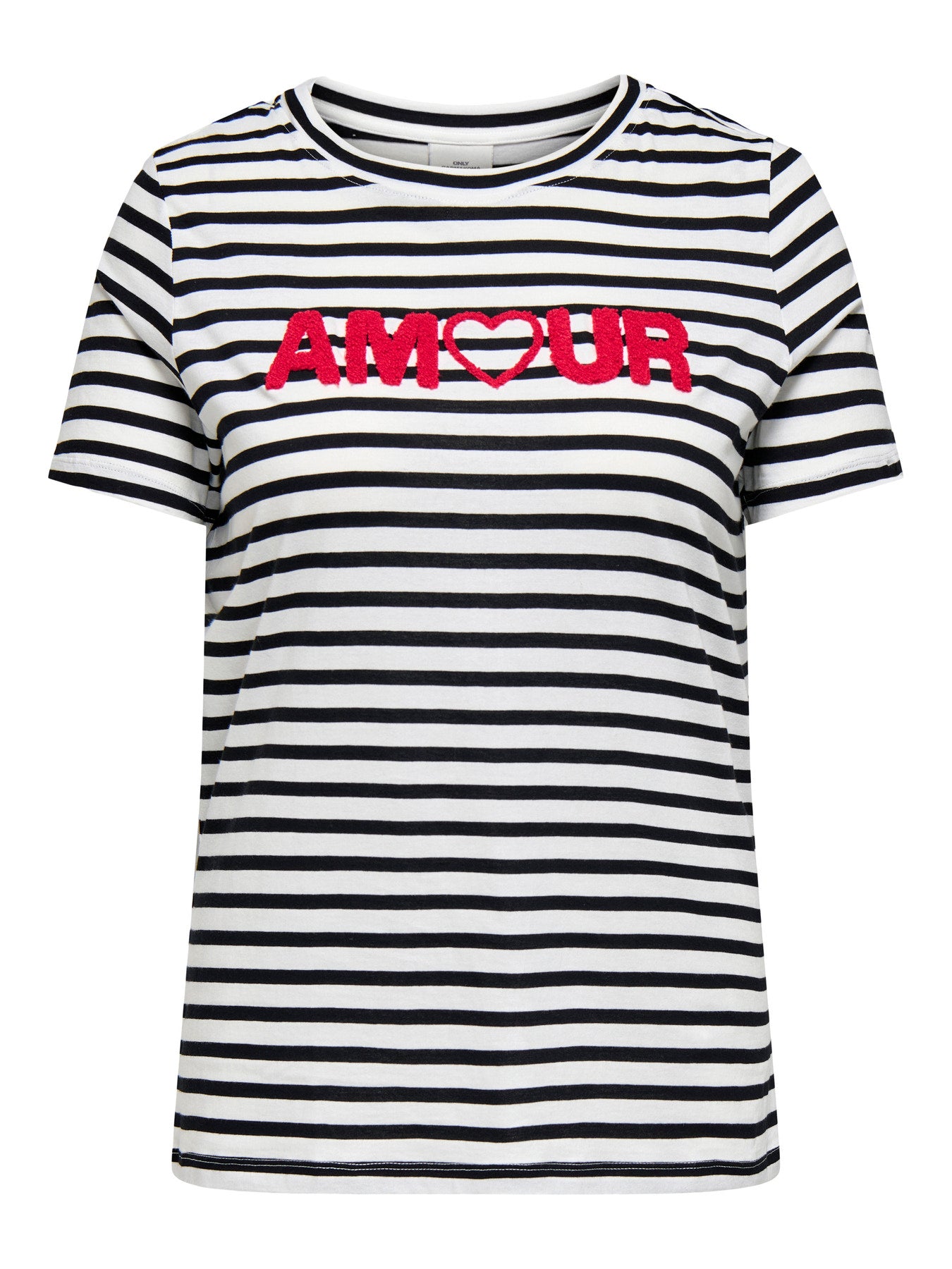 T-shirt marinière noir et blanc avec broderie AMOUR en rouge – vue de face
