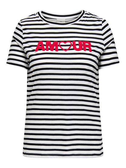 T-shirt marinière noir et blanc avec broderie AMOUR en rouge – vue de face
