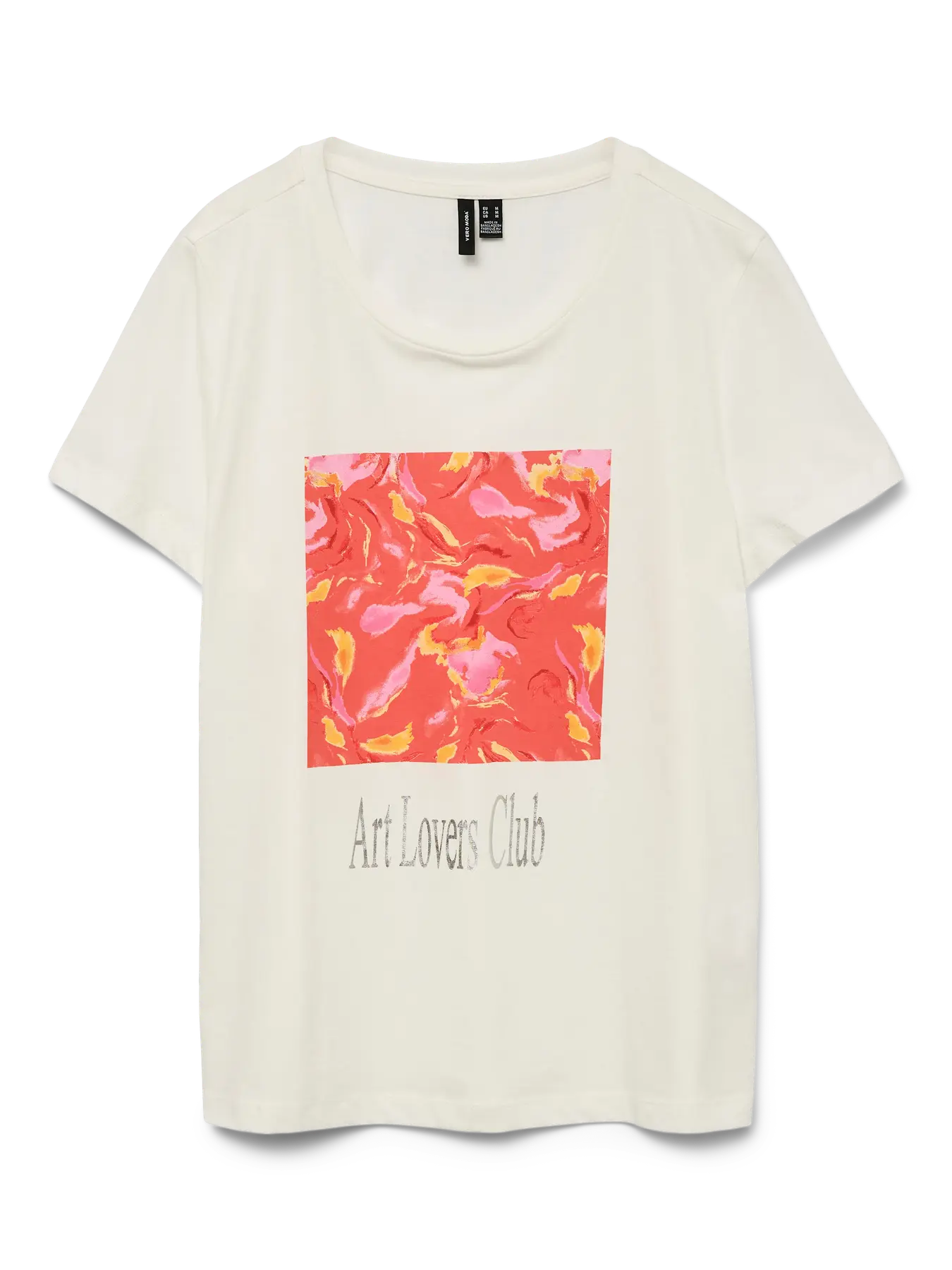 T-shirt blanc grande taille avec imprimé graphique rose et orange "Art Lovers Club", vu de face sur fond transparent