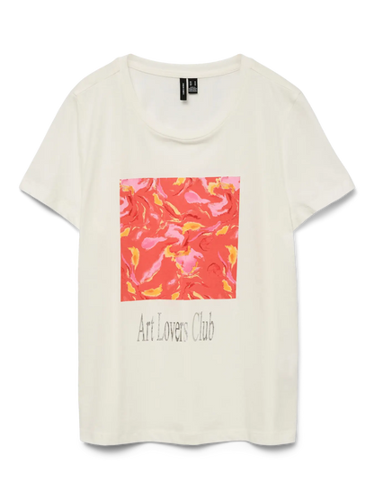 T-shirt blanc grande taille avec imprimé graphique rose et orange "Art Lovers Club", vu de face sur fond transparent